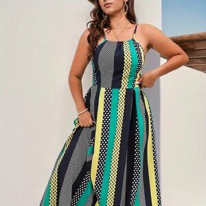 Women Plus Size Stripe & Geometric Print Vacation Holiday Summer Maxi Dress 20W